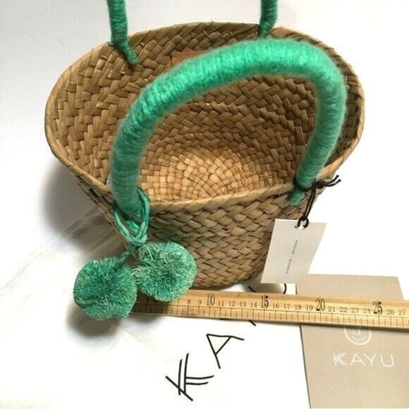 KAYU Mini St Tropez Straw Tote Bag Pom Pom Natural Sea foam Green Travel - Picture 12 of 14